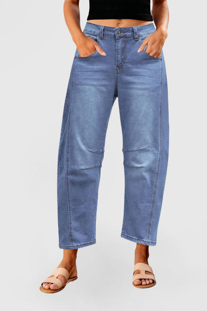 Women's High-Waisted Barrel Jeans - Wide-Leg Baggy Cropped Stretch Denim Trousers