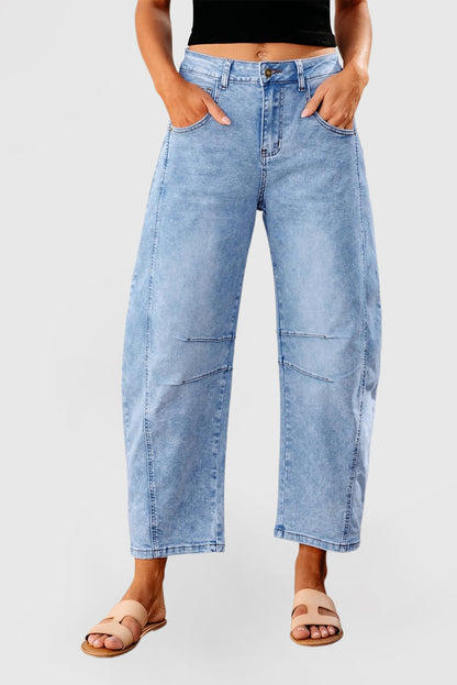 Women's High-Waisted Barrel Jeans - Wide-Leg Baggy Cropped Stretch Denim Trousers