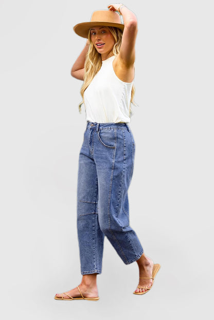 Women's High-Waisted Barrel Jeans - Wide-Leg Baggy Cropped Stretch Denim Trousers