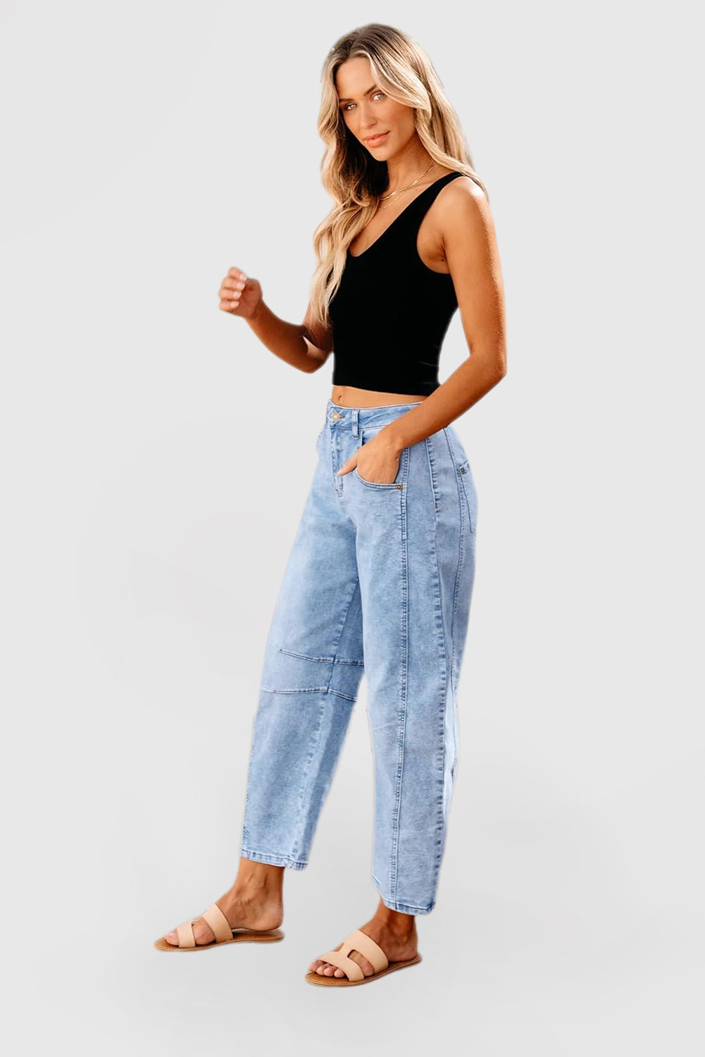 Women's High-Waisted Barrel Jeans - Wide-Leg Baggy Cropped Stretch Denim Trousers