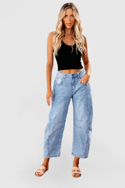 Women's High-Waisted Barrel Jeans - Wide-Leg Baggy Cropped Stretch Denim Trousers