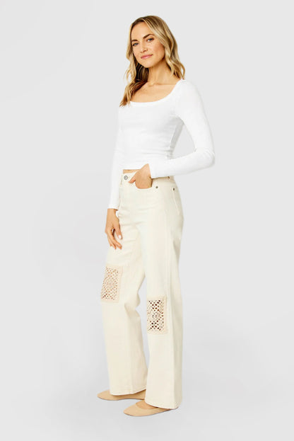 High-Waist Wide-Leg Pants with Crochet Patches